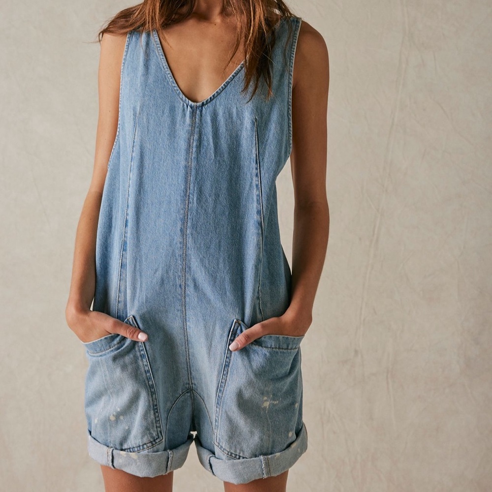 We The Free Light Blue Denim Romper